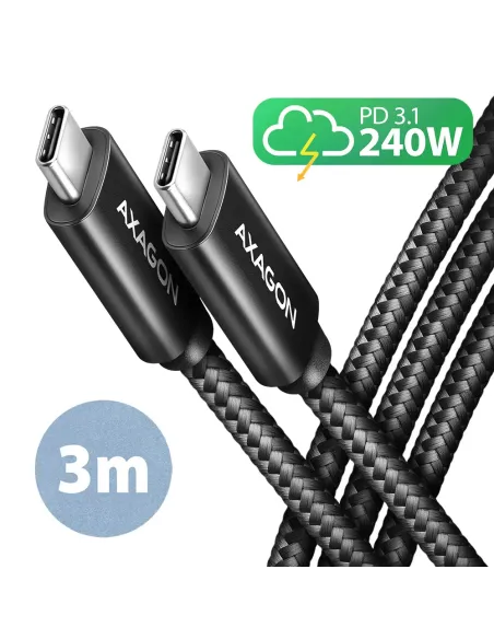 Axagon BUCM2-CM30AB Ladekabel USB-C zu USB-C 2.0, 3 m, PD 240 W 5 A, ALU - Schwarz - 3 Meter langes USB-C zu USB-C Kabel -