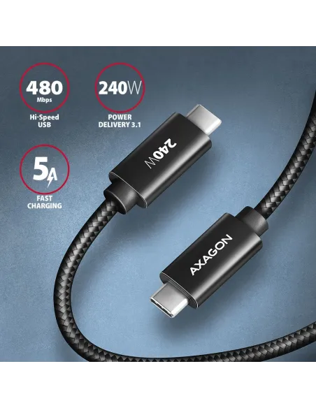 Axagon BUCM2-CM30AB Ladekabel USB-C zu USB-C 2.0, 3 m, PD 240 W 5 A, ALU - Schwarz - 3 Meter langes USB-C zu USB-C Kabel -