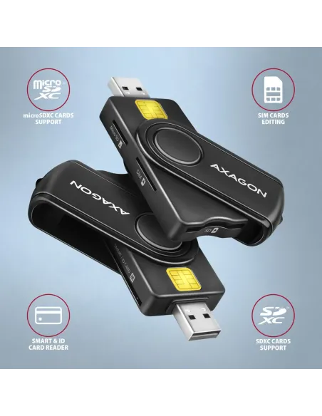 Axagon CRE-SMP2A USB Smart card & SD microSD SIM PocketReader lettore di card readers Interno USB Type-A USB Type-C Nero