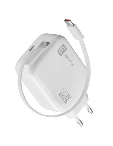Cellularline Retractable Power 65W Caricabatterie da rete 65W con cavo retrattile USB-C e porta USB-C