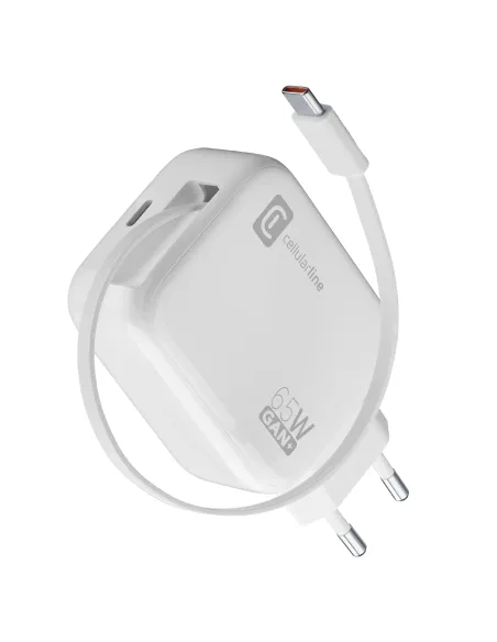 Cellularline Retractable Power 65W Caricabatterie da rete 65W con cavo retrattile USB-C e porta USB-C