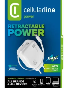 Cellularline Retractable Power 65W Caricabatterie da rete 65W con cavo retrattile USB-C e porta USB-C 2