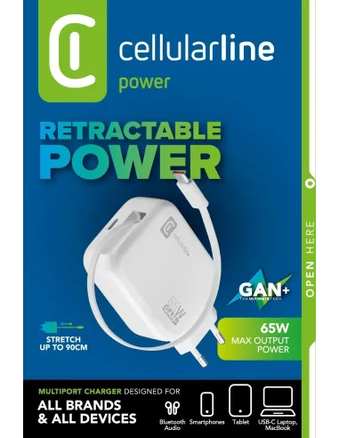 Cellularline Retractable Power 65W Caricabatterie da rete 65W con cavo retrattile USB-C e porta USB-C