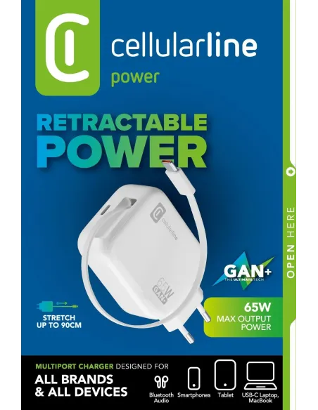 Cellularline Retractable Power 65W Caricabatterie da rete 65W con cavo retrattile USB-C e porta USB-C