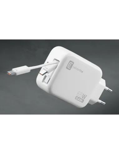 Cellularline Retractable Power 65W Caricabatterie da rete 65W con cavo retrattile USB-C e porta USB-C