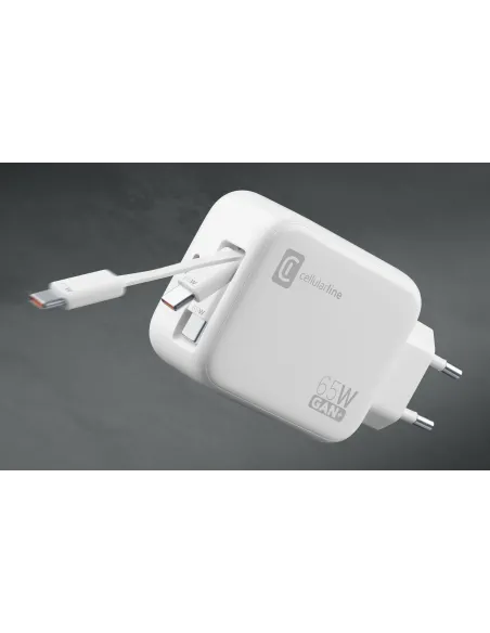 Cellularline Retractable Power 65W Caricabatterie da rete 65W con cavo retrattile USB-C e porta USB-C