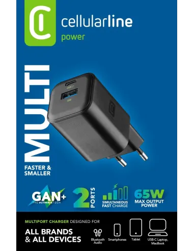 Cellularline MULTIPOWER 2 GAN ENTRY A+C 65W Caricabatterie da rete compatto 65W con 2 porte USB-C e USB-A con tecnologia GAN