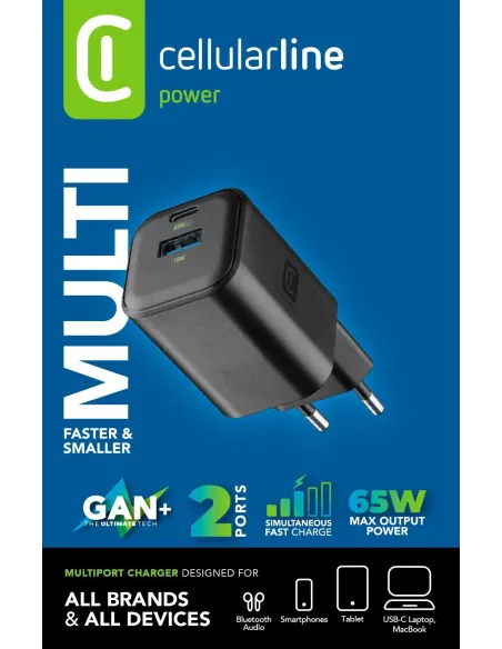 Cellularline MULTIPOWER 2 GAN ENTRY A+C 65W Caricabatterie da rete compatto 65W con 2 porte USB-C e USB-A con tecnologia GAN