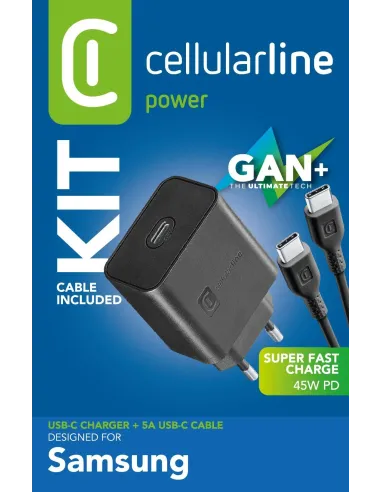 Cellularline Super Fast Charger Kit PD 45W Caricabatterie da rete USB-C 45W con cavo USB-C to USB-C