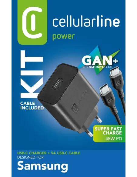 Cellularline Super Fast Charger Kit PD 45W Caricabatterie da rete USB-C 45W con cavo USB-C to USB-C