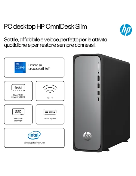 HP OmniDesk Slim Desktop S03-0007nl PC Intel® Core™ i3 i3-13100 8 GB DDR5-SDRAM 256 GB SSD Windows 11 Home Tower Nero, Argento