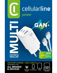 Cellularline Multipower 65W Kit - Smartphone, tablet e laptop Caricabatterie da rete 65W con cavo USB-C to USB-C incluso