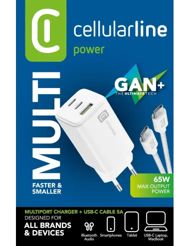 Cellularline Multipower 65W Kit - Smartphone, tablet e laptop Caricabatterie da rete 65W con cavo USB-C to USB-C incluso
