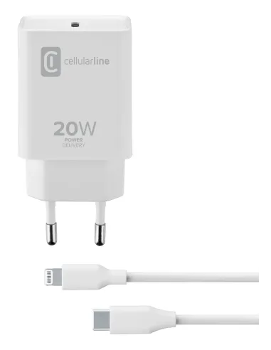 Cellularline USB-C Charger Kit 20W - USB-C to Lightning - iPhone 8 or later Caricabatterie da rete USB-C 20W per la carica alla