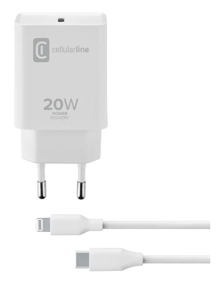 Cellularline USB-C Charger Kit 20W - USB-C to Lightning - iPhone 8 or later Caricabatterie da rete USB-C 20W per la carica alla