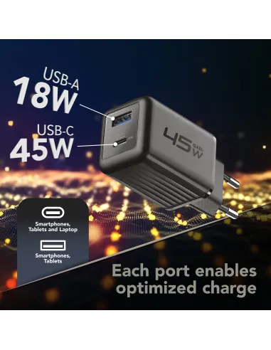 Cellularline MULTIPOWER MICRO 45W Caricabatterie da rete veloce ultracompatto 2 porte, 45W