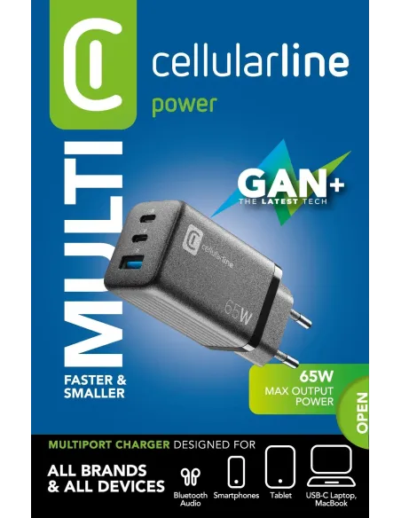 Cellularline Multipower Micro 65W Caricabatterie da rete veloce ultracompatto 3 porte, 65W