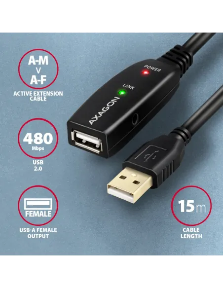 Axagon ADR-215 USB 2.0 A-M - A-F active extension repeater cable 15m - Kabel - Digital Daten cavo USB USB A 0,48 Gbit s Nero
