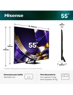 Hisense Smart TV MiniLED 165Hz 55" 4K 55U7S PRO, Schermo Anti-Riflesso, Dolby Atmos 2.1.2 By Devialet, VIDAA OS, Dolby Vision 2
