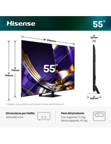Hisense Smart TV MiniLED 165Hz 55" 4K 55U7S PRO, Schermo Anti-Riflesso, Dolby Atmos 2.1.2 By Devialet, VIDAA OS, Dolby Vision