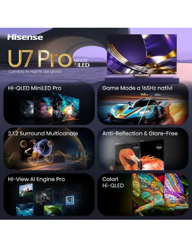 Hisense Smart TV MiniLED 165Hz 55" 4K 55U7S PRO, Schermo Anti-Riflesso, Dolby Atmos 2.1.2 By Devialet, VIDAA OS, Dolby Vision