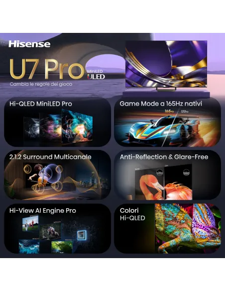 Hisense Smart TV MiniLED 165Hz 55" 4K 55U7S PRO, Schermo Anti-Riflesso, Dolby Atmos 2.1.2 By Devialet, VIDAA OS, Dolby Vision