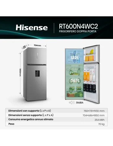 Hisense frigorifero congelatore RT600N4WC2 libera installazione 467L Classe E Dispenser Acqua